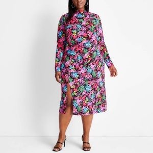 Mock Neck Floral Midi Dress